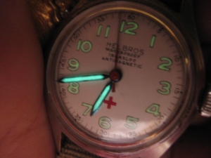 WW II watch with radium dial (recently sold on eBay). These watches were made by female factory workers, many of whom later became ill with radiation sickness.